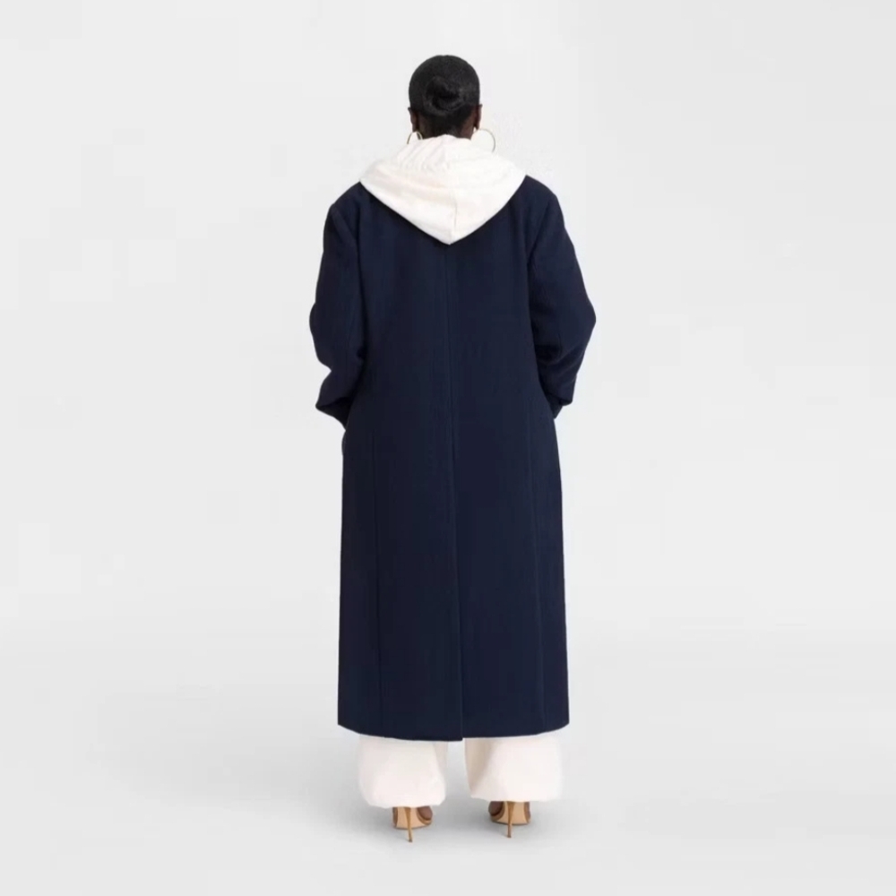 Elegant Navy Blue Women's Long Coat - Picture 2 of 3